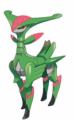 a green and pink pokemon figure standing on its hind legs