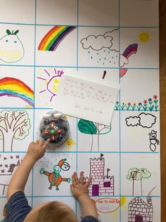 a child's hand reaching for a button on a wall with drawings and rainbows