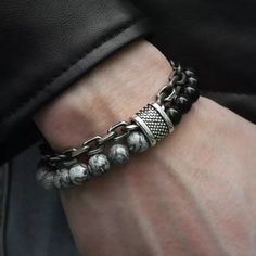 Men’s Gunmetal Beaded Bracelet Yoga Bracelet Black & Gray Tones Fits Wrist 8.27” Two Strands Loop Through Closure Clasp Paracord Patterns, Multicolor Bracelet, Viking Bracelet, Tiger Eye Bracelet, Jewelry Model, A Bracelet, Mens Beaded Bracelets, Marble Stone, Unique Bracelets