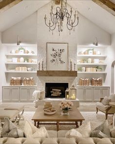 a living room filled with furniture and a fire place in the middle of a room