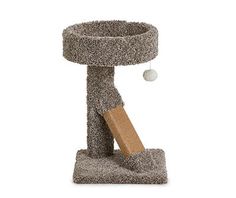 a cat scratching post with a ball in the air and a wooden stick sticking out of it