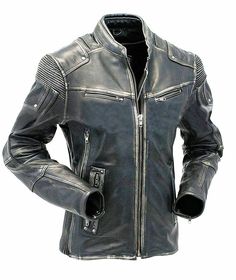 a black leather jacket is shown on a white background