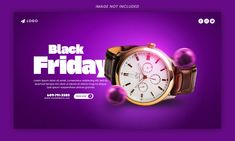 a black friday banner with a watch on the purple background and bubbles in the air