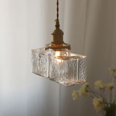 a clear glass light fixture hanging from a white wall next to a vase with flowers