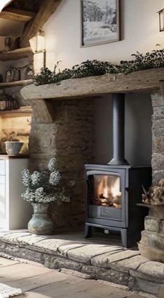 a stone fireplace in the middle of a living room with potted plants on either side