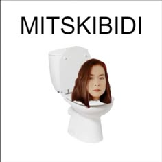 a woman with long hair standing in front of a white toilet and the words mitskibdi above her head