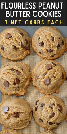 chocolate chip cookies with text overlay that says flourless peanut butter cookies 3 net carbs each