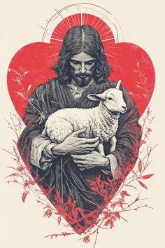 jesus holding a lamb in front of a heart