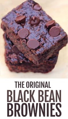 two brownies stacked on top of each other with the words, the original black bean brownies