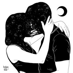 a black and white drawing of two people hugging each other with the moon in the background