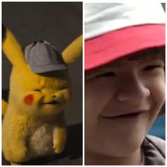 two pictures one with a pikachu and the other with a hat