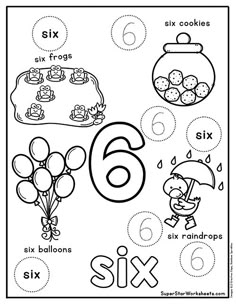 the number six coloring page with balloons and other things to color on it for kids