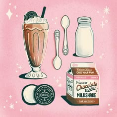 an illustration of milkshake, cookies, and other items on a pink background