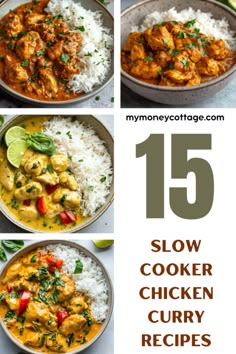 five different pictures of slow cooker chicken curry recipes with text overlay that reads 15 slow cooker chicken curry recipes