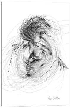 an abstract drawing of a woman with her arms spread out in the air and hair flying around