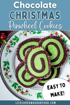 chocolate christmas pinwheel cookies on a plate with the title overlay that reads easy to make