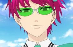 an anime character with pink hair and green glasses looking at the camera while standing in front of a blue sky