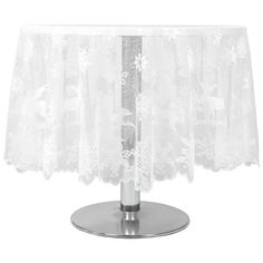 a white table cloth on top of a metal stand