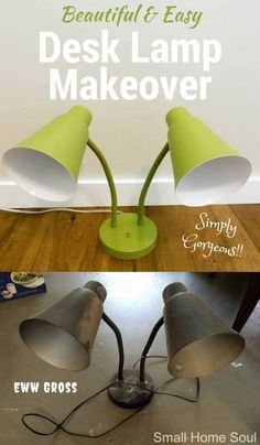 two lamps sitting on top of a table next to each other with the words, beautiful and easy desk lamp makeover