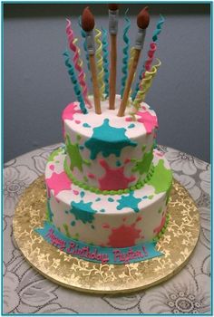 a birthday cake decorated with colorful icing and sprinkles