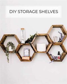 the diy storage shelves are made out of hexagonal wood