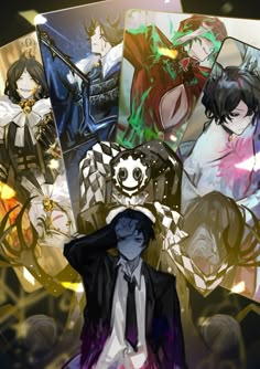 an anime character surrounded by other characters and their faces in the background, all with different colors