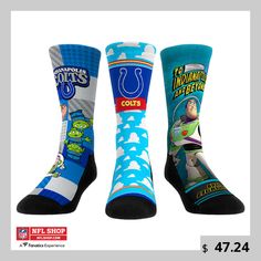 Show off your Indianapolis Colts pride with these Toy Story crew socks from Rock Em Socks. This pack includes three pairs that feature vibrant sublimated graphics of your favorite characters from the beloved animated film. Each pair boasts breathable construction with a form-fitting band and padded soles to ensure a comfortable fit that will have you saying "To infinity... and beyond!" all season long. Toy Story Socks, Captain America Socks, Toy Story 3, Sock Toys, Indianapolis Colts, To Infinity And Beyond, Animation Film, Toy Story, Crew Socks