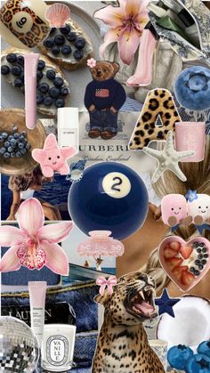 the collage is full of different items including blueberries, flowers and other things