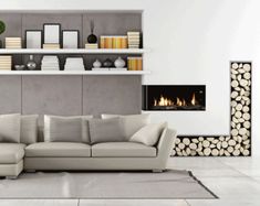 a living room with a couch, fireplace and bookshelf in the back ground