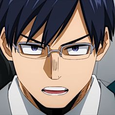 an anime character wearing glasses and a white shirt with black hair is staring at the camera