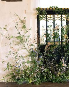 a window sill filled with lots of flowers and greenery