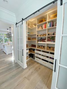 an open pantry with lots of shelves and drawers