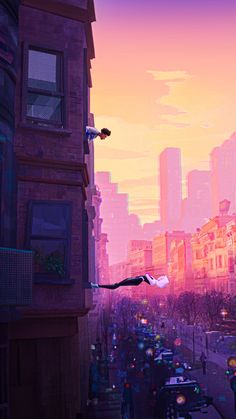 an animated image of a city street at sunset