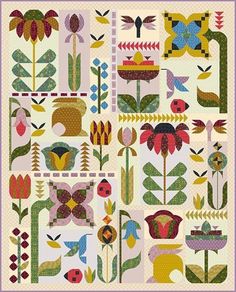 a quilt pattern with flowers and birds on the front, in various sizes and colors