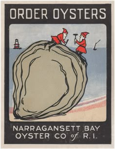 a postage stamp with two people on top of a rock and the words,'narraganset bay oyster co of r i '