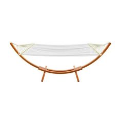 a white hammock sitting on top of a wooden stand