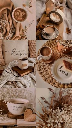 the collage shows coffee, cake and other items in different pictures with words on them