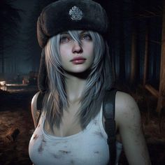 a woman in a white tank top and black hat standing in the woods at night