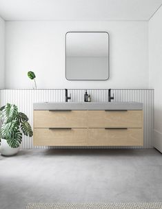 a bathroom with two sinks and a large mirror on the wall next to a potted plant