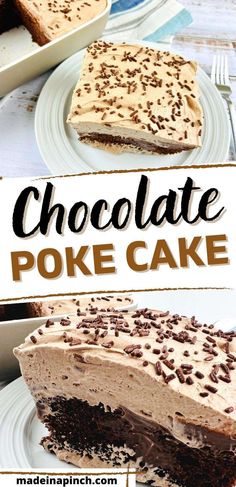 chocolate poke cake on a white plate with the title above it and in the background