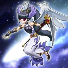 an anime character is flying through the air with her wings outstretched and holding a wand