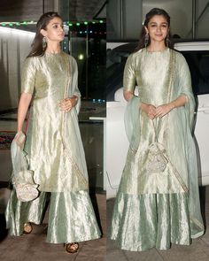 Alia Bhatt in a Raw Mango pastel brocade kurta with beautifully crafted sharara Sharara Designs, Indian Kurti Designs, Designer Kurtis, Kurti Designs Party Wear, Designer Party Wear Dresses, Party Wear Indian Dresses, Dress Indian Style