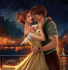 a painting of a man and woman embracing in front of a river at night with lights on