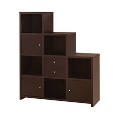 the shelves are brown with drawers on each side