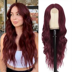 PRICES MAY VARY. 【Long Wavy Burgundy Wigs Material】:The long wavy wig is made of high-temperature resistant synthetic fiber and stands heat up to 160℃ (320℉). It is not only heat-resistant and durable, but also looks very natural and realistic. Easy to comb and not easily tangle and hair loss. 【Realistic hairline】:The 26 inch Wine Red wigs have a small areahand-knitting lace scalp part, the new technology natural hairline is more realistic, just like your own hair. Long Wave Wig is suitable for Curly Burgundy Wig, Wine Red Wig, Hoodie Hairstyles, Burgundy Balayage, Burgundy Wig, Long Wavy Wig, Red Wig, Red Brown Hair, Cool Short Hairstyles