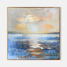 an abstract painting with blue, orange and white colors on the water in front of a gold frame