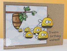 a birthday card with bees and a beehive hanging from a tree