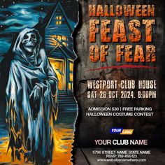 a poster for the halloween feast of fear at westport club house on oct 28, 2012