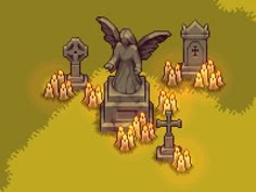 an old pixel art style image of a cemetery with tombstones and angels in the background