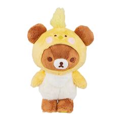 a brown and white teddy bear with a yellow hat on it's head,